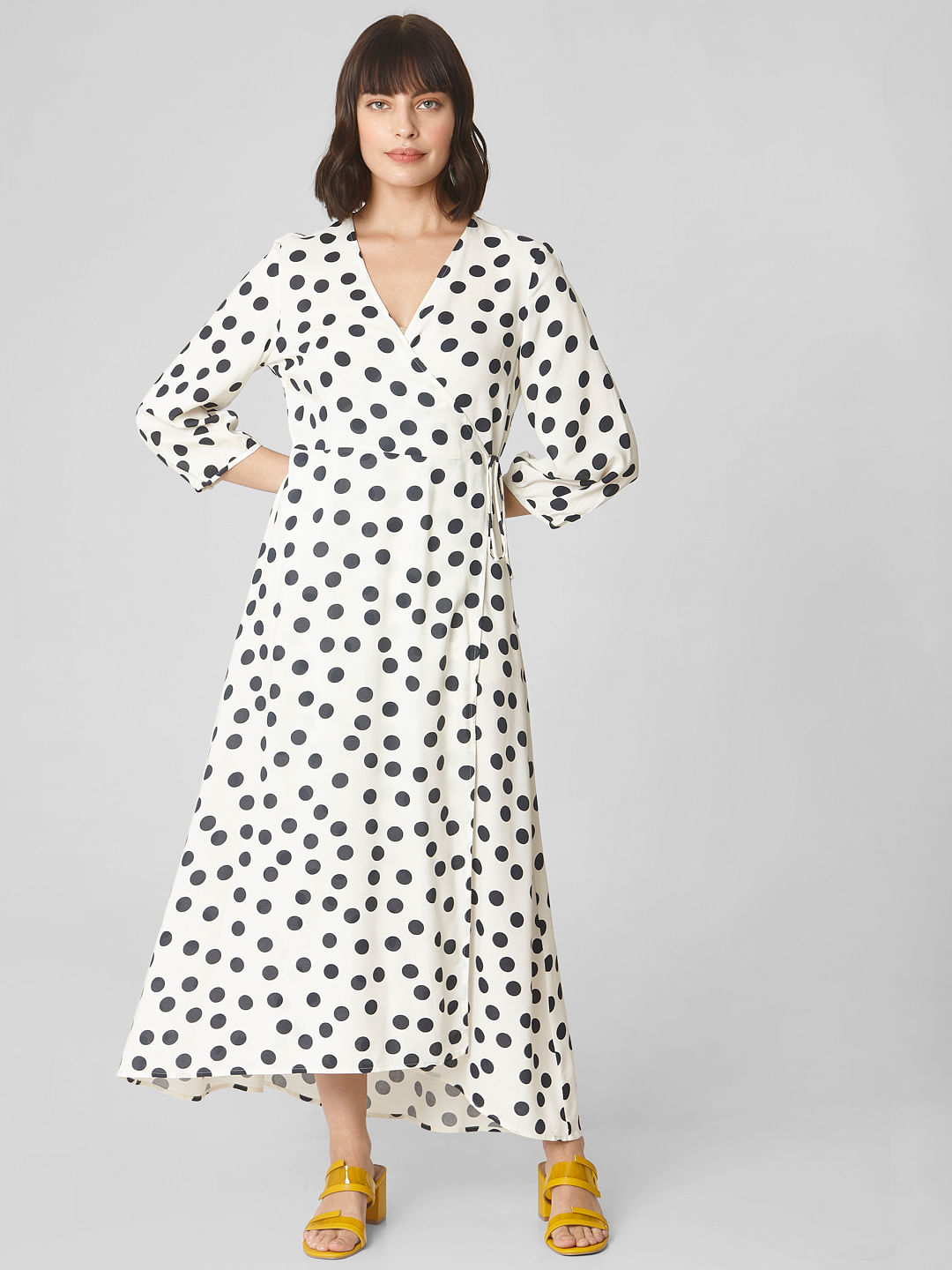 Wrap Dresses - Buy White Polka Dot Wrap Dress Online In India.